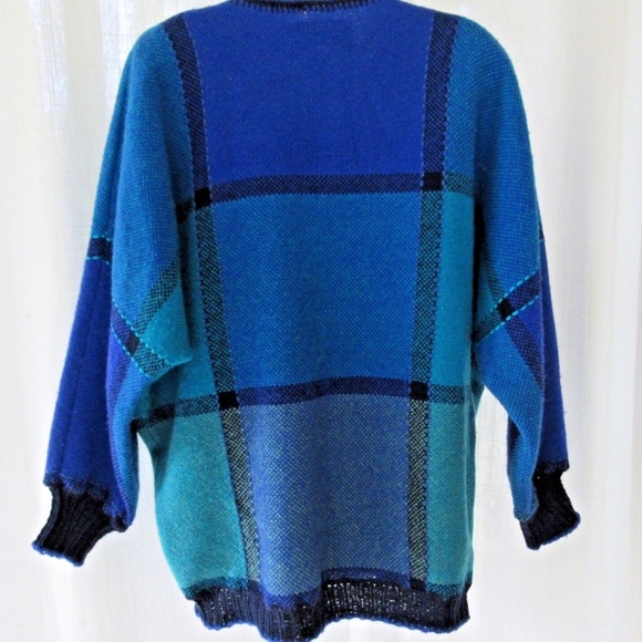 WOVEN WOOLIES Sweater Hand Woven Pullover 100% Wool Teal Blue Wendy Vecchio Sz L - Picture 2 of 5